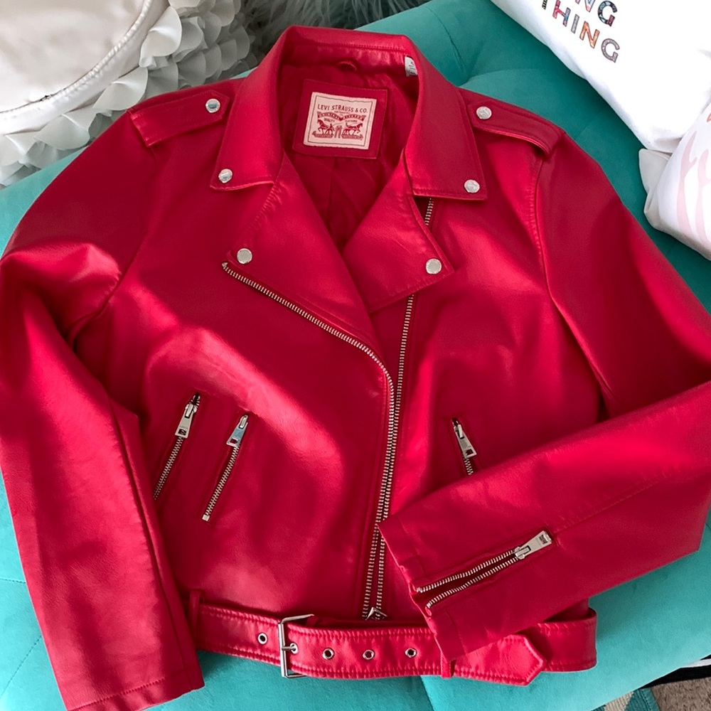 ❤️‍🔥 Red Faux Leather Moto Jacket Levi Strauss & Co. Size X Large ❤️‍🔥